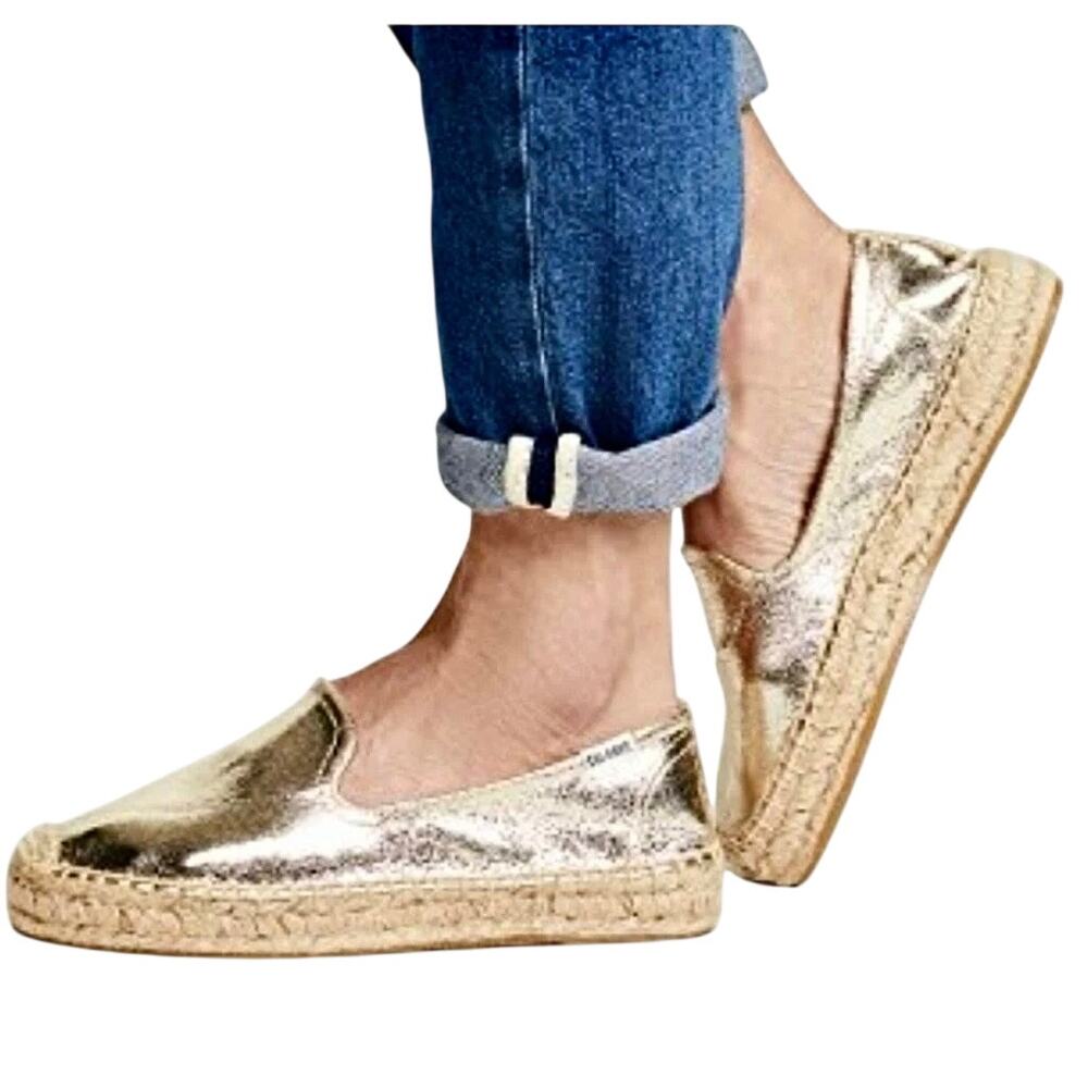 Soludos Metallic Gold Leather Platform Smoking Espadrilles Loafers Coastal 10